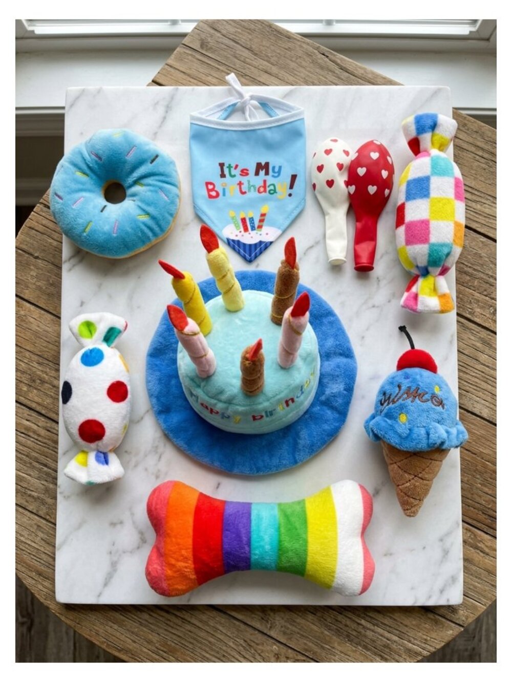 Dog Birthday Party Toy Set with Squeaky Plush Hat Bandana and Balloons